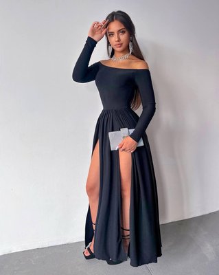 Жіноча довга сукня стильна з розрізами та відкритими плічками приталена з довгим рукавами 527СН фото